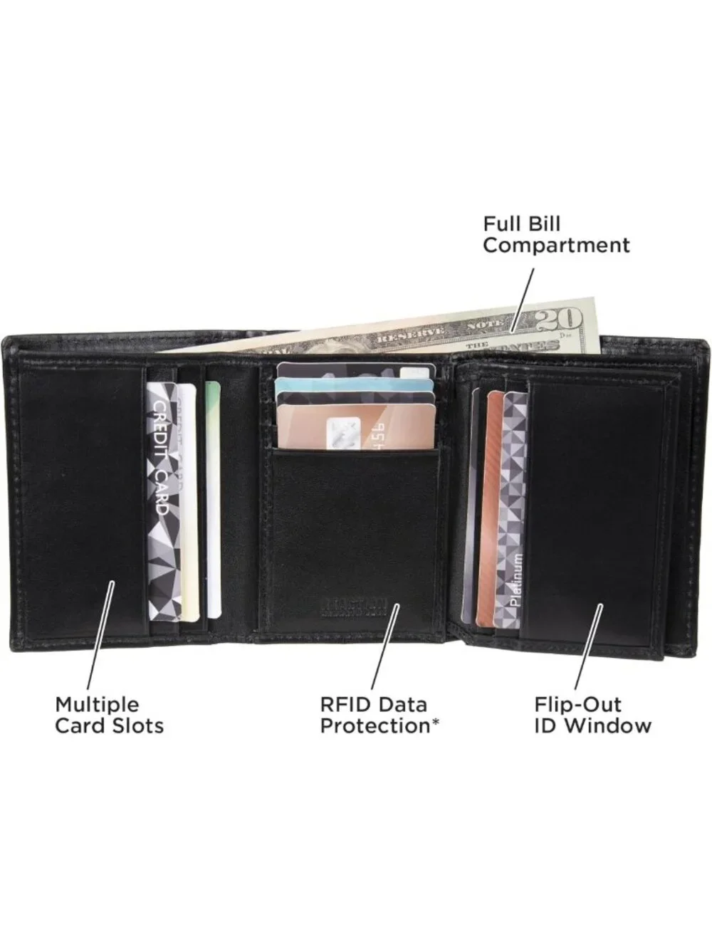 Men's RFID Slim Leather Trifold Wallet - Black, Stylish & Functional, One Size